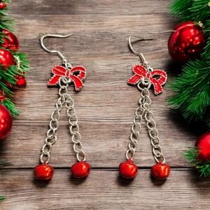 Holiday Festive Bow Bell Dangle Earrings